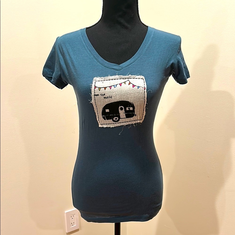 Blue V-Neck T-Shirt with Camper Graphic